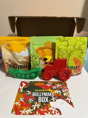 NEW BullyMake May 2026 Box -  Red Tractor and Green Pea, 3 treat bags.